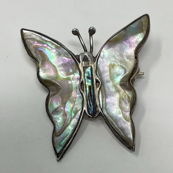 Vintage 925 Sterling Butterfly Brooch Pin Mother of Pearl Abalone Mexico - Picture 1 of 2